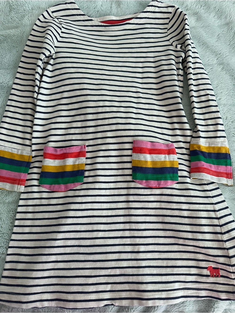 Mini Boden Cream and Navy Striped tunic/dress with rainbow pockets and cuffs
